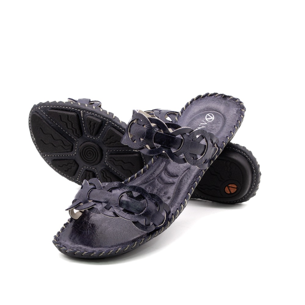 Sandália Rasteira Jade em Couro Crush Dark Blue - 12408CD