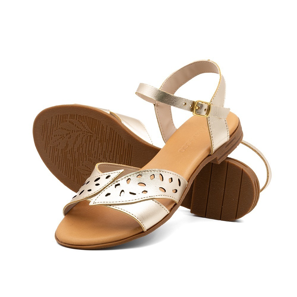 Sandália Rasteira Lisboa em Couro Metalic Ouro - 18153MO