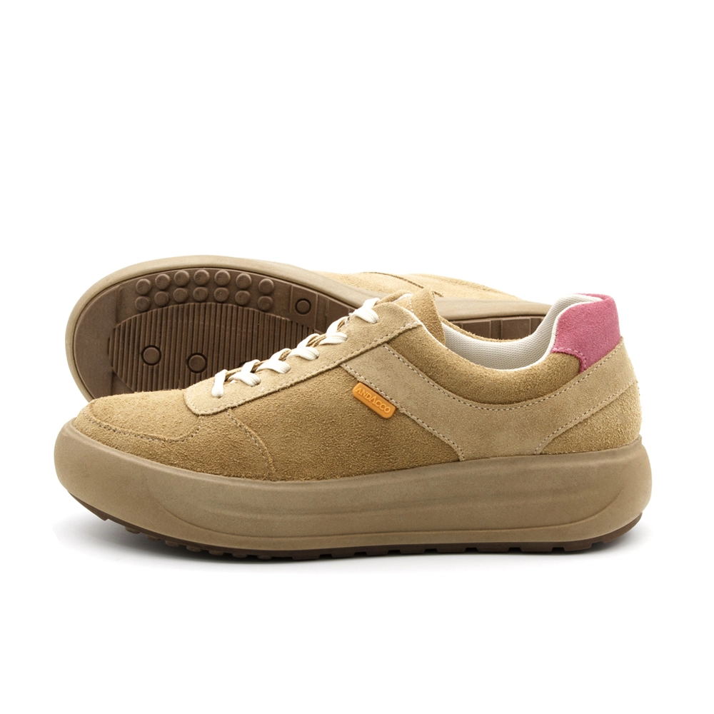 Tênis Feminino Cloe em Couro Camurça Palha e Rosa - 6909CP