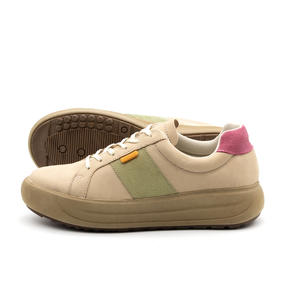 Tênis Feminino Cloe em Couro Nobuck Almond Verde Rosa - 6908NA